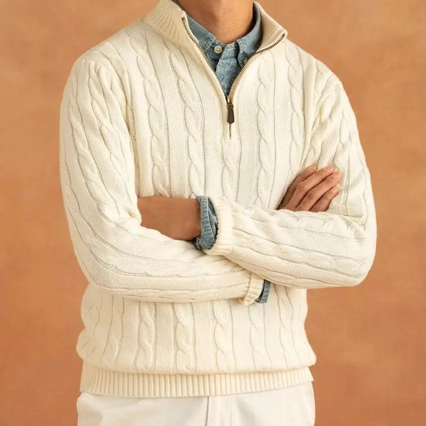 Cable-Knit Quarter-Zip Sweater - White / S