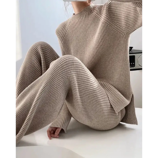Cozy Ribbed Knit Loungewear Set - Beige / One size