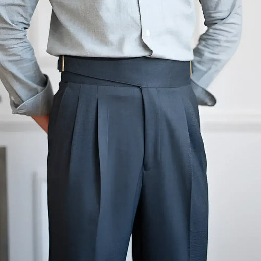 High-Rise Pleated Wool Trousers - Granite Gray / 28