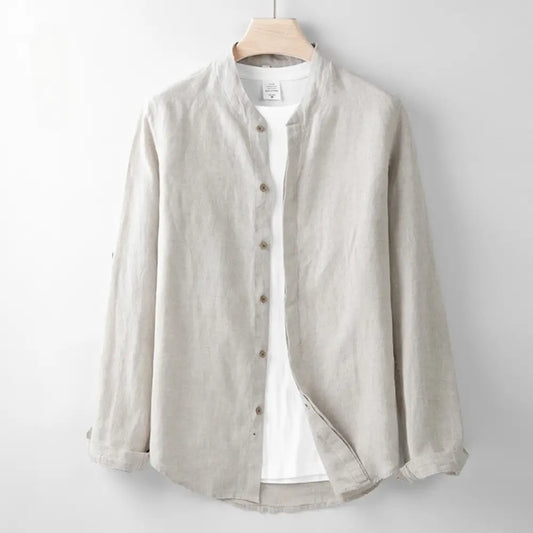 Linen Band-Collar Shirt - Almond Beige / XS