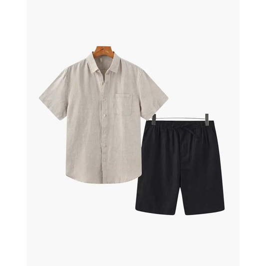 Linen Blend Summer Set (Shirt & Shorts) - Beige / Black / S