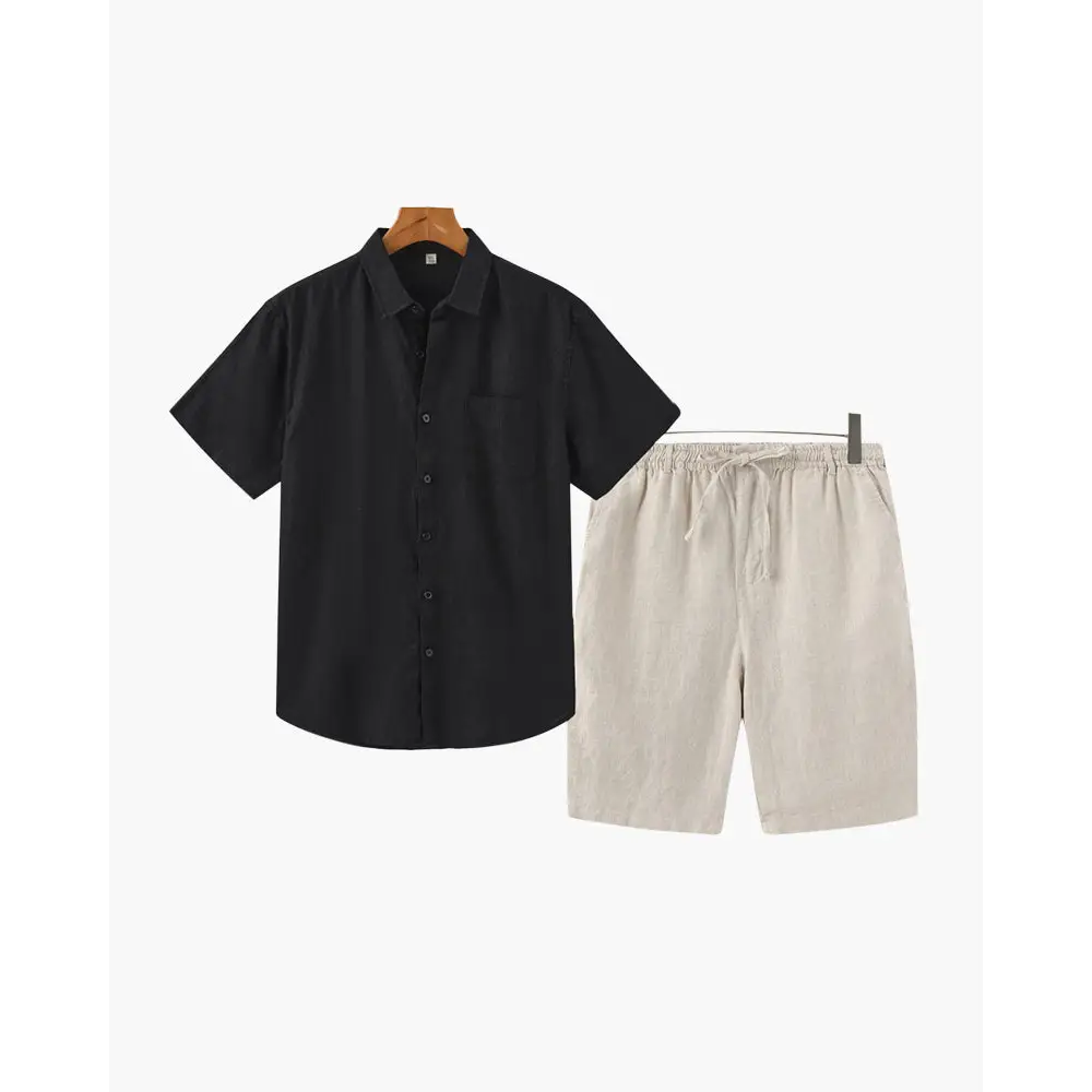 Linen Blend Summer Set (Shirt & Shorts) - Black / Beige / S