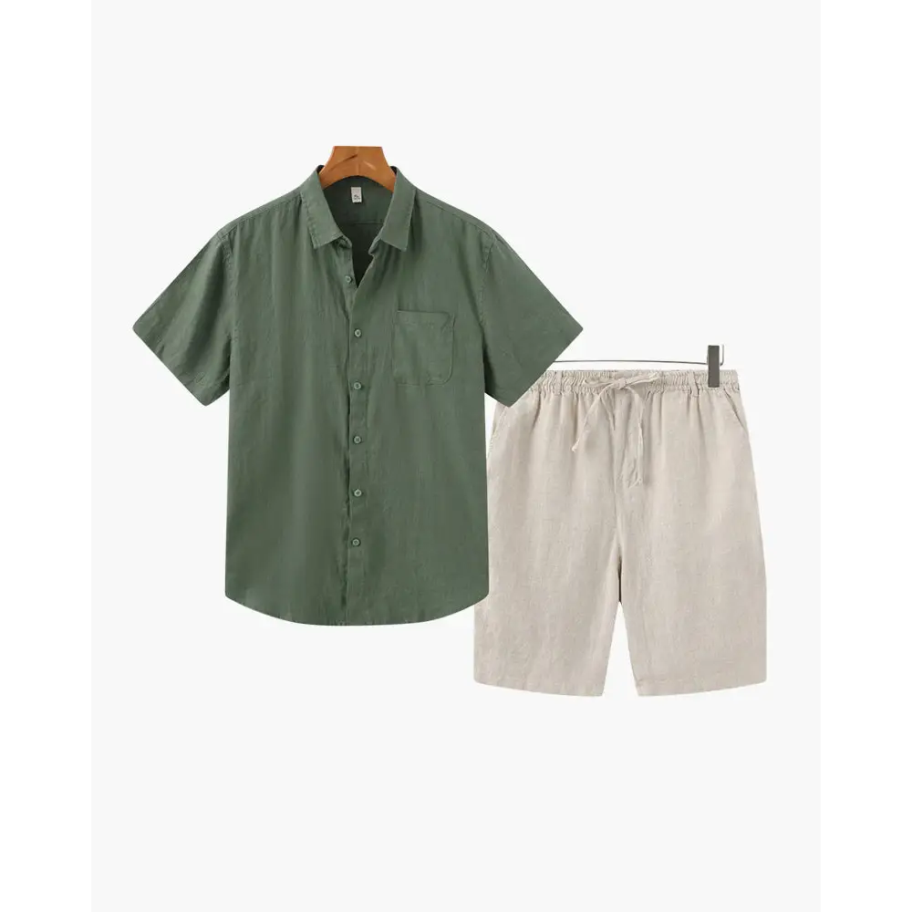 Linen Blend Summer Set (Shirt & Shorts) - Green / Beige / S