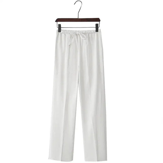 Linen Drawstring Trousers - White / S