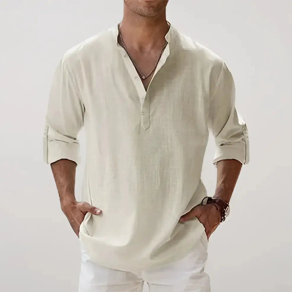 Linen V-Neck Relaxed Shirt - Beige / S