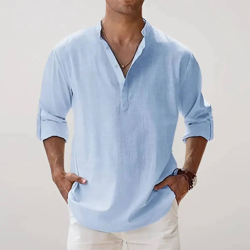 Linen V-Neck Relaxed Shirt - Light Blue / S