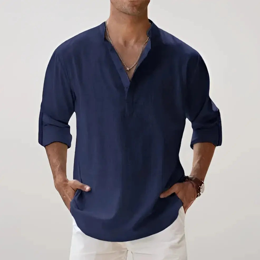 Linen V-Neck Relaxed Shirt - Navy / S