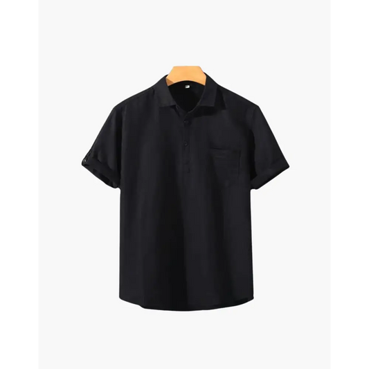Minimalist Linen Blend Short Sleeve Shirt - Black / M