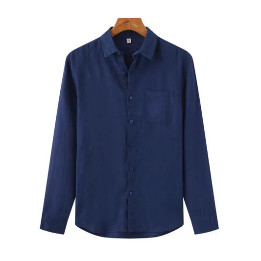 Navy Linen Shirt & White Trousers Outfit Set