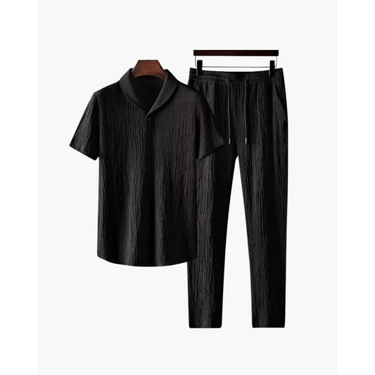 Relaxed Fit Cotton Polo & Pantalon Set - Black / S