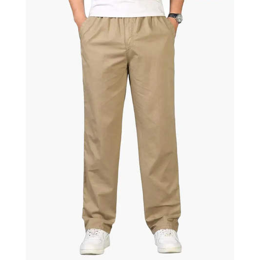 Relaxed Fit Drawstring Cotton Trousers - S / Khaki
