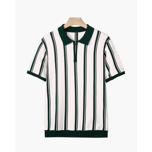 Retro Striped Half-Zip Polo Shirt - Green / XS