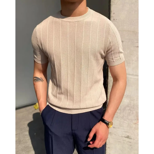 Ribbed Slim Fit Knit T-Shirt - Beige / M