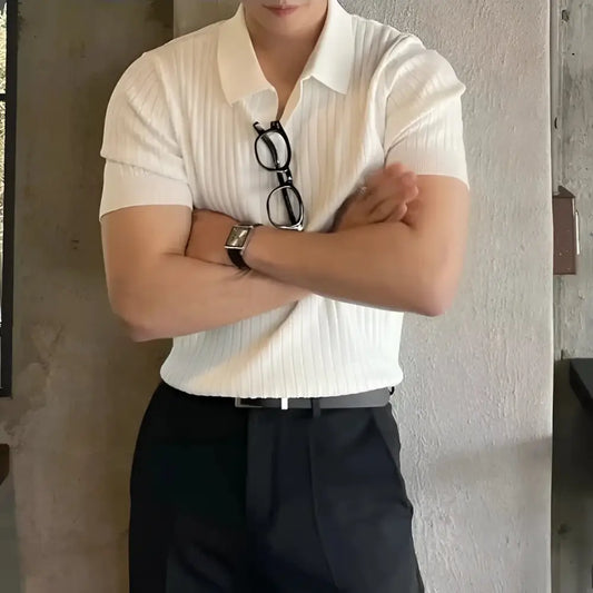 V-Neck Ribbed Knit Polo