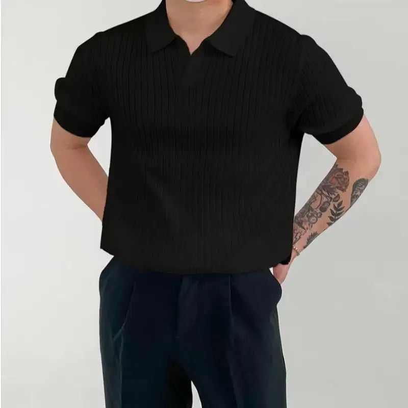 V-Neck Ribbed Knit Polo - Black / S