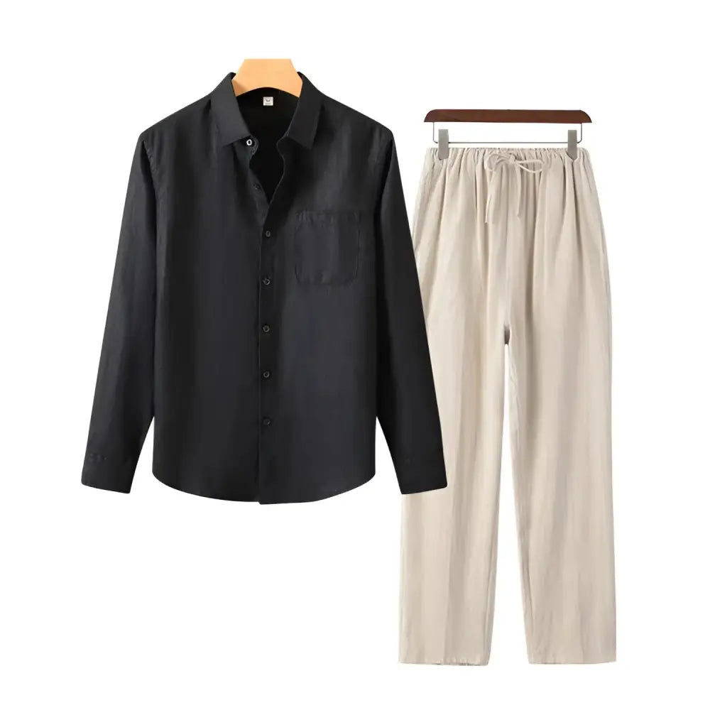 Black Linen Shirt & Beige Trousers Outfit Set