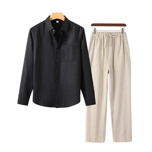 Black Linen Shirt & Beige Trousers Outfit Set