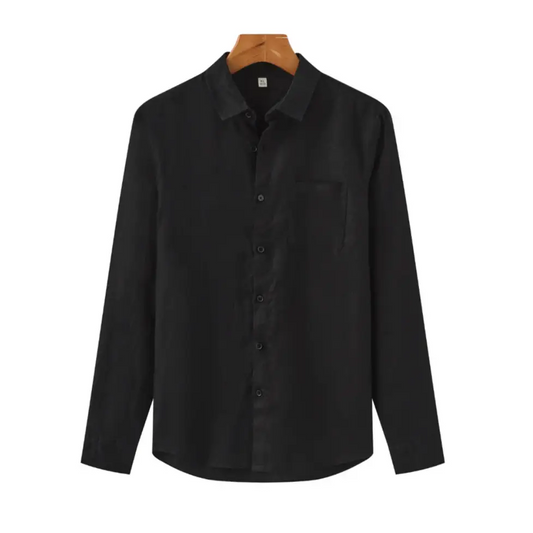 Black Linen Shirt & Beige Trousers Outfit Set