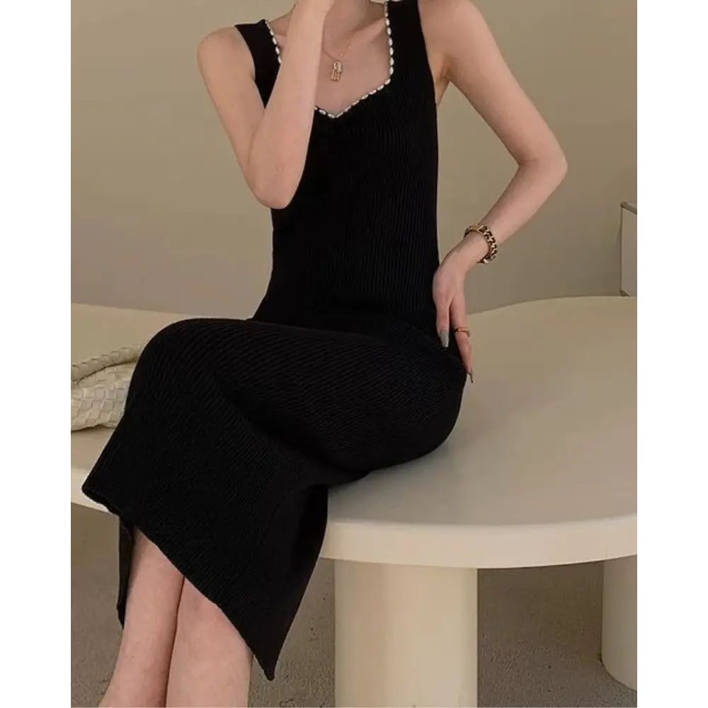 Black Pearl Trim Maxi Dress