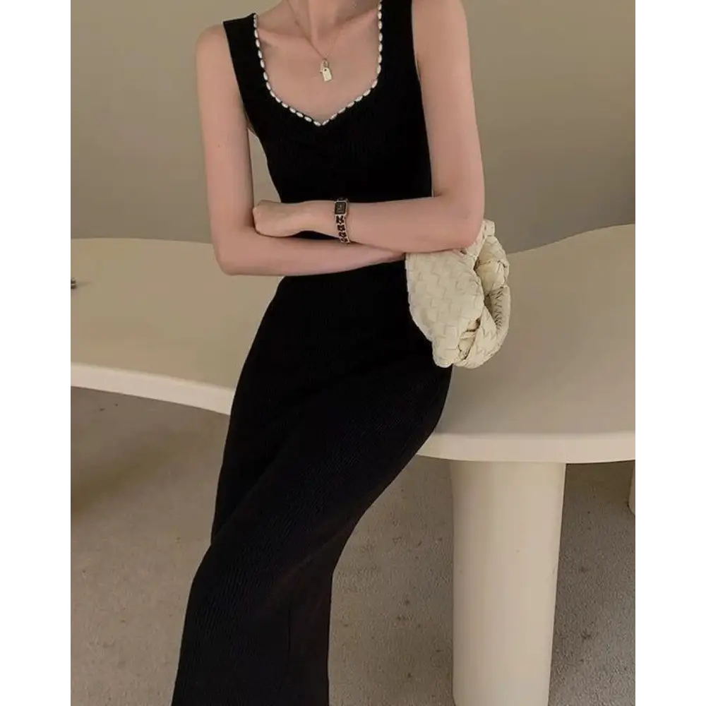 Black Pearl Trim Maxi Dress - Black / S