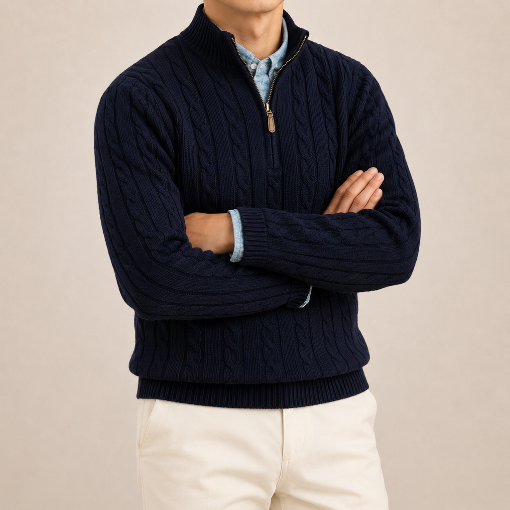 Cable-Knit Quarter-Zip Sweater - Navy S