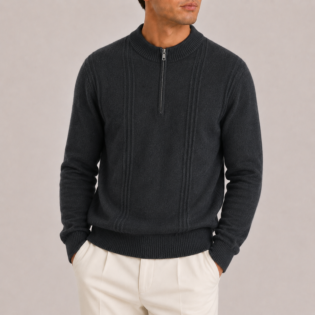 Cashmere Ribbed Half-Zip Sweater - Dark Gray S