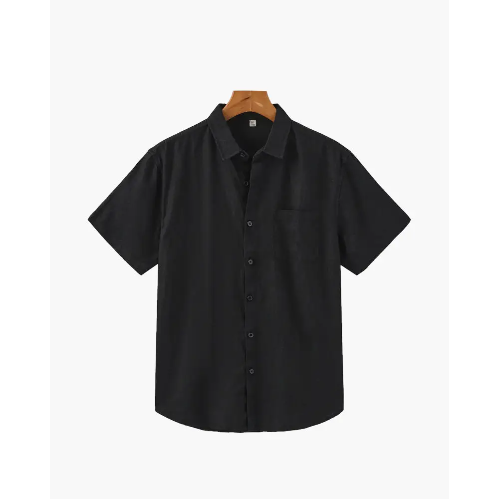 Casual Linen Short Sleeve Shirt - Black / S