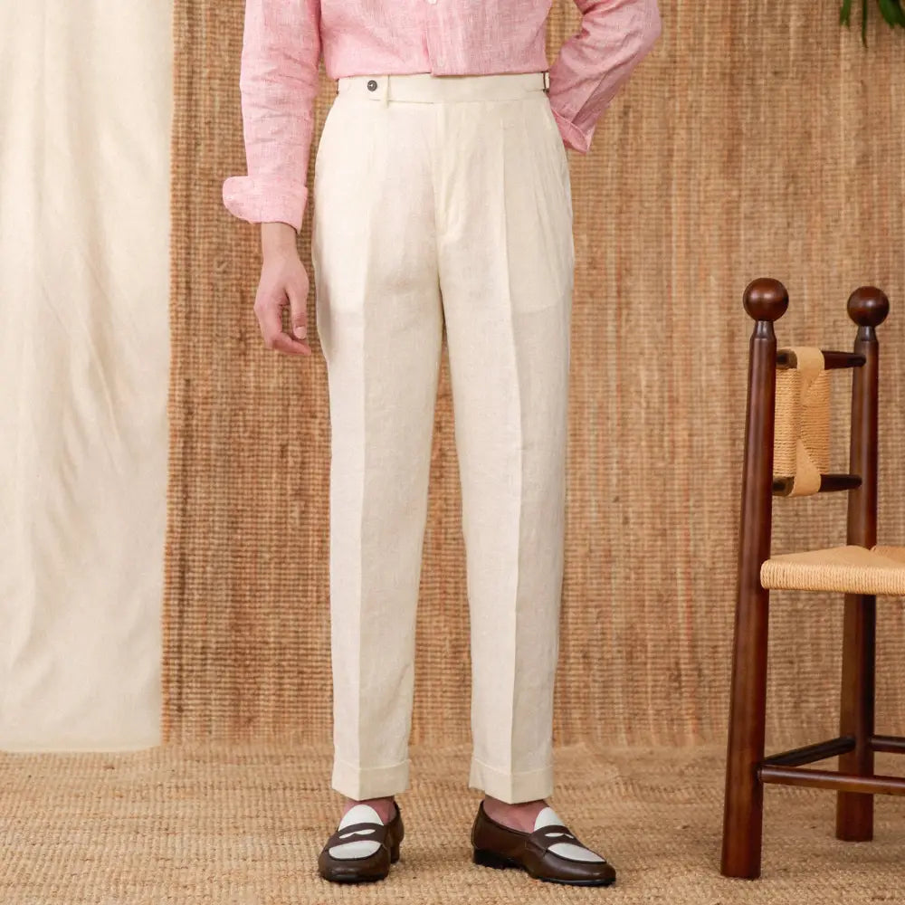 Classic Linen Pleated Trousers - Vanilla Cream / 27