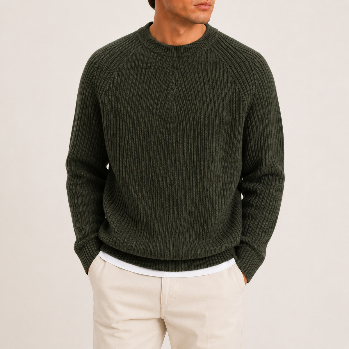 Classic Ribbed Knit Sweater - Green S
