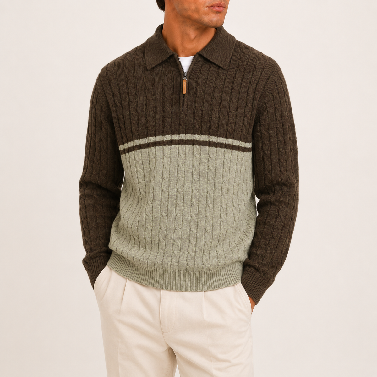 Colorblock Half-Zip Knit Sweater - Brown XS