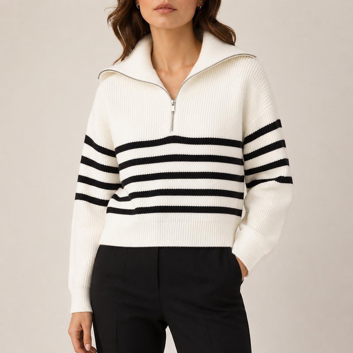 The Mariner Zip Knit - S White Striped