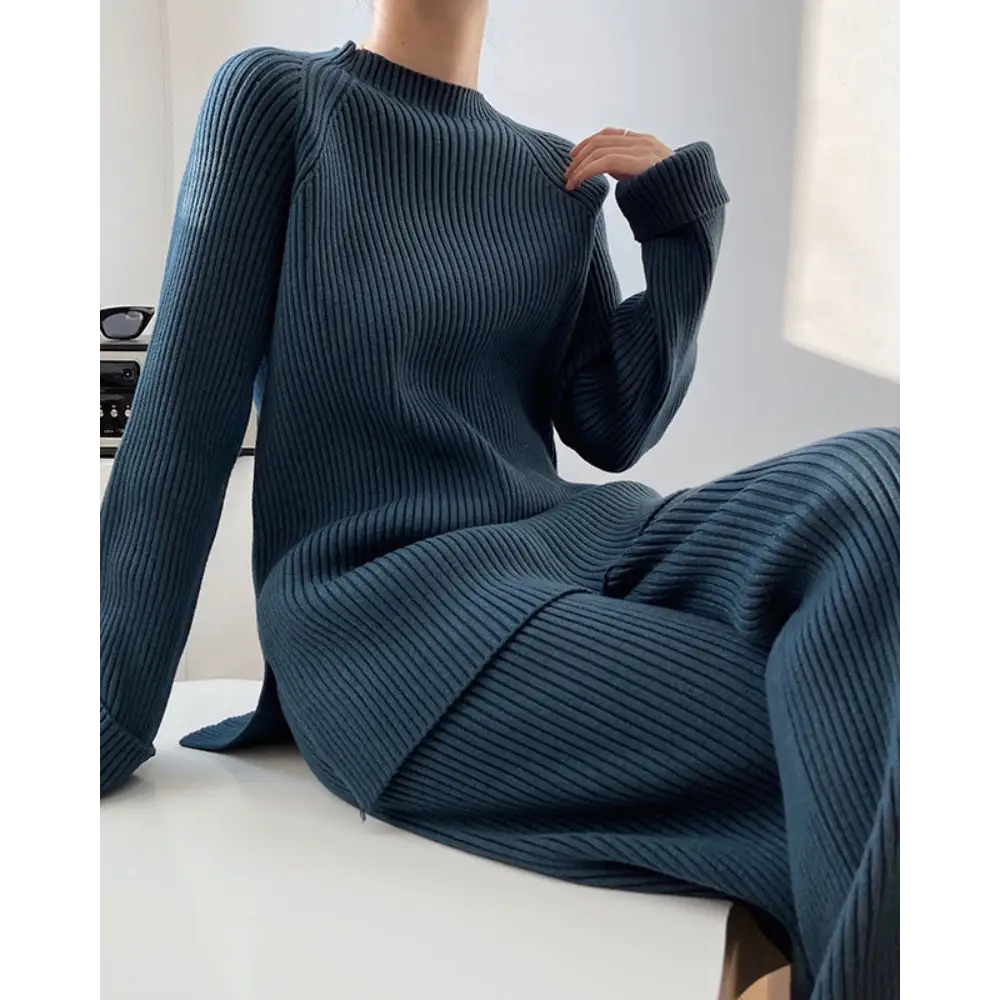 Cozy Ribbed Knit Loungewear Set - Blue / One size