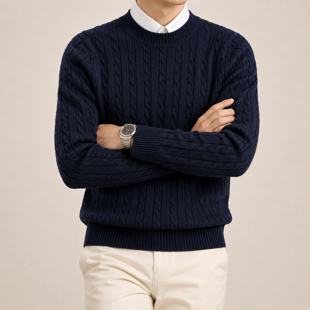 Dense Cable Knit Sweater - Navy Blue M