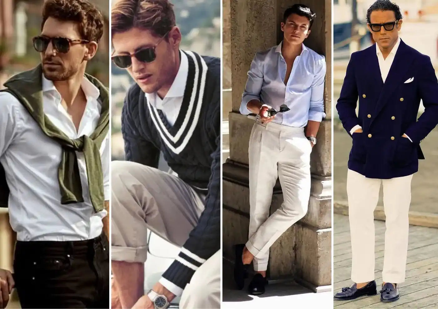 Four men showcasing different smart casual outfits.