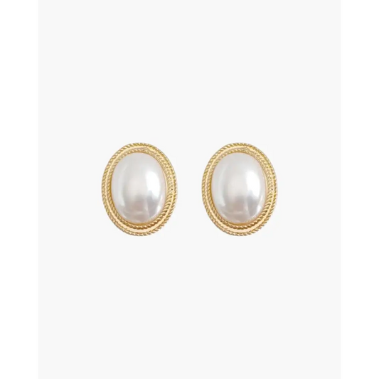 Gold Oval Pearl Studs