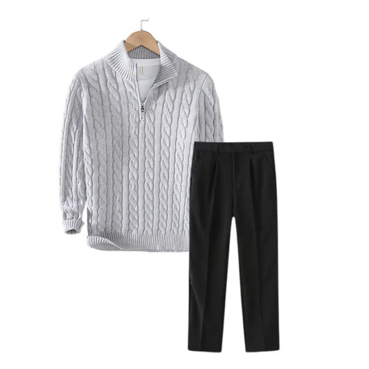 Grey Cable Knit & Black Trousers Outfit Set