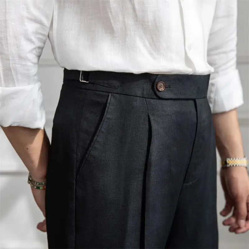 Heritage Pleated Linen Trousers - Black / 27