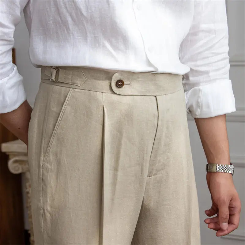 Heritage Pleated Linen Trousers - Sand / 27