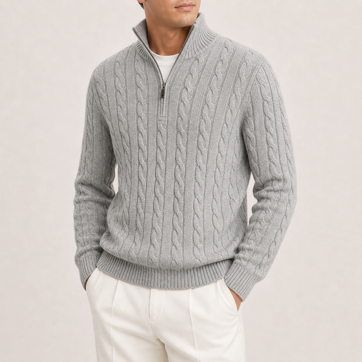 Heritage Shawl Collar Cable Knit - Light Grey S