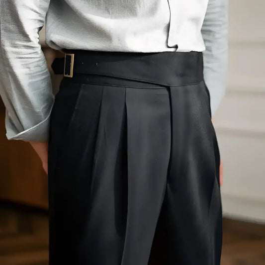 High-Rise Pleated Wool Trousers - Black / 28