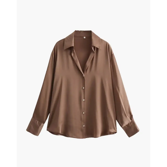 Ladies’ Silk Satin Button-Up Shirt - Sandy Brown / XS