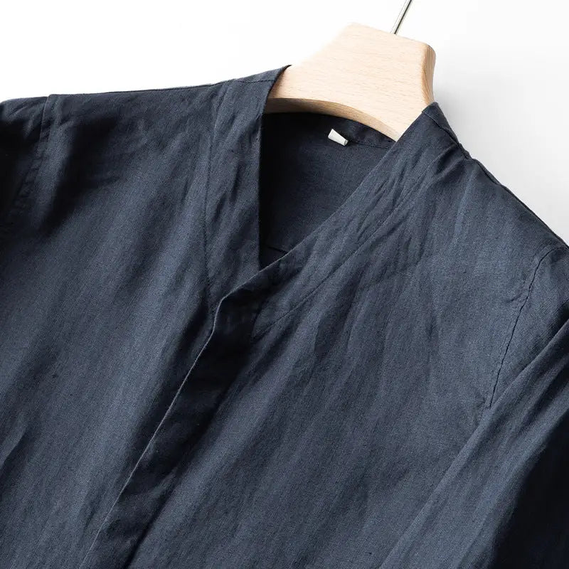 Linen Band-Collar Shirt