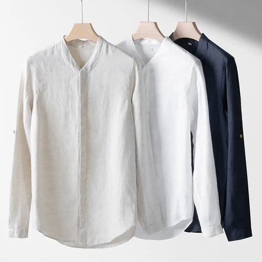 Linen Band-Collar Shirt