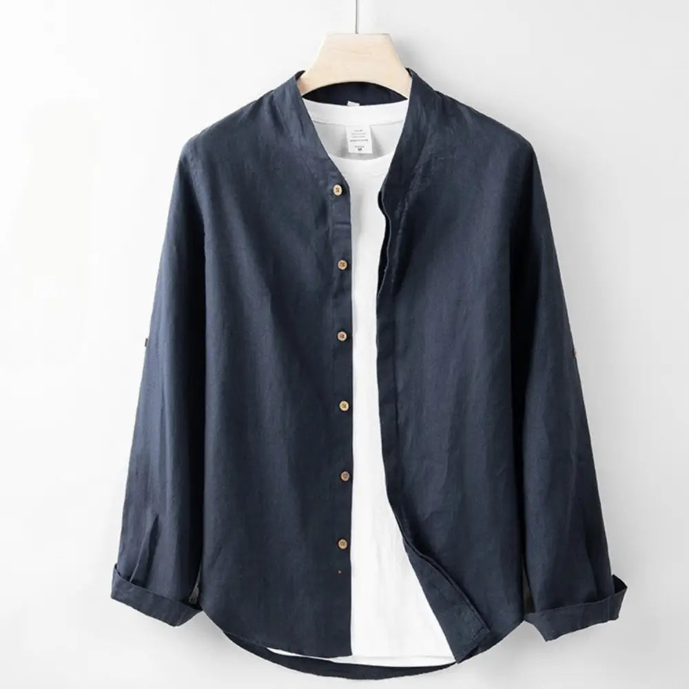 Linen Band-Collar Shirt - Deep Blue / XS