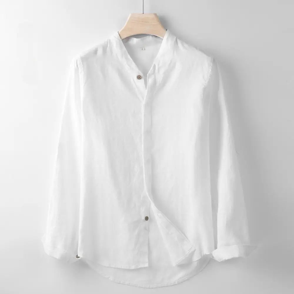 Linen Band-Collar Shirt - White / XS