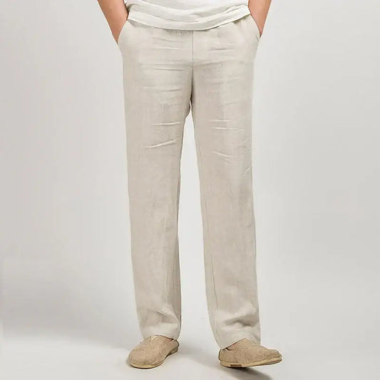Linen Blend Relaxed Trousers - Beige / S