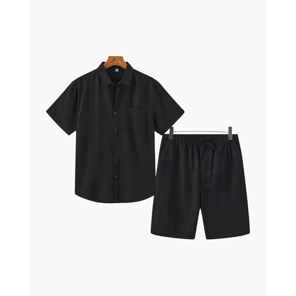Linen Blend Summer Set (Shirt & Shorts) - Black / Black / S