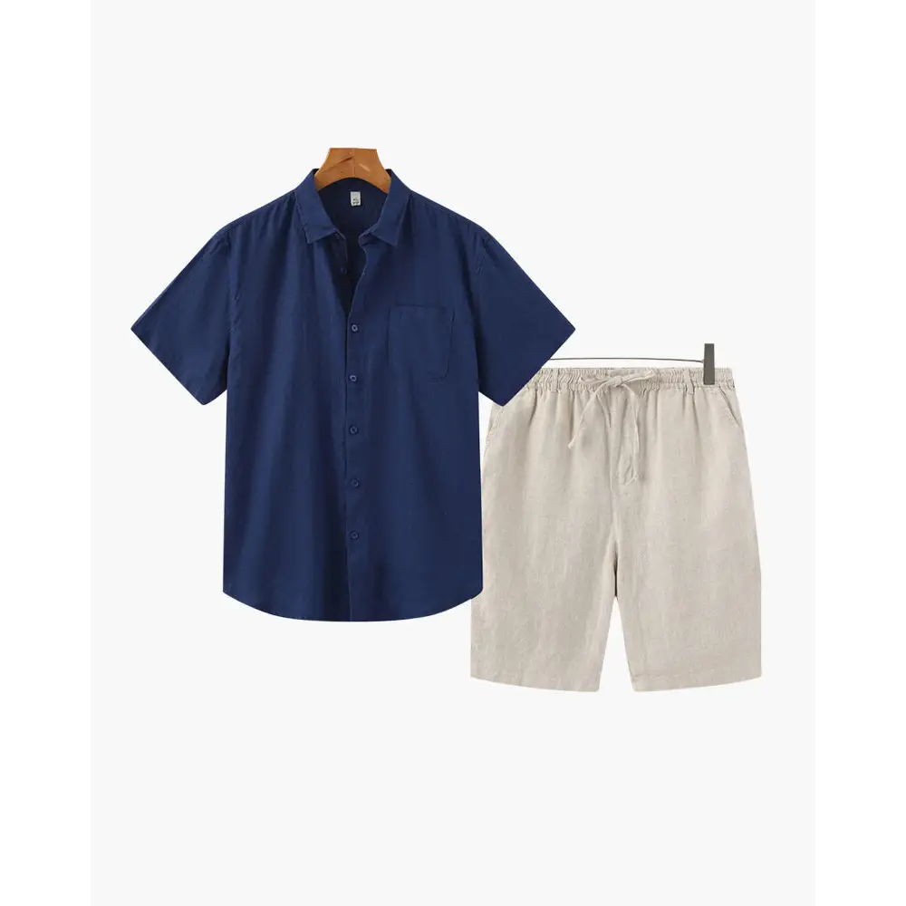 Linen Blend Summer Set (Shirt & Shorts) - Blue / Beige / S