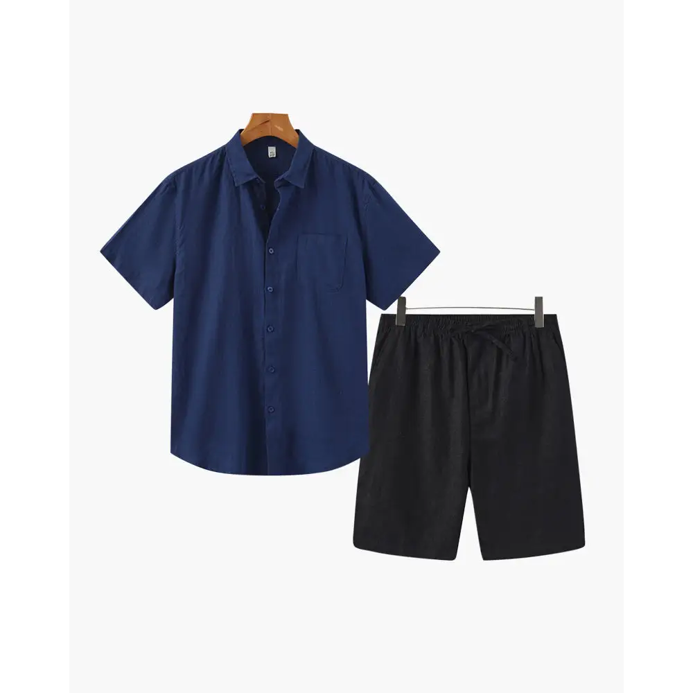 Linen Blend Summer Set (Shirt & Shorts) - Blue / Black / S