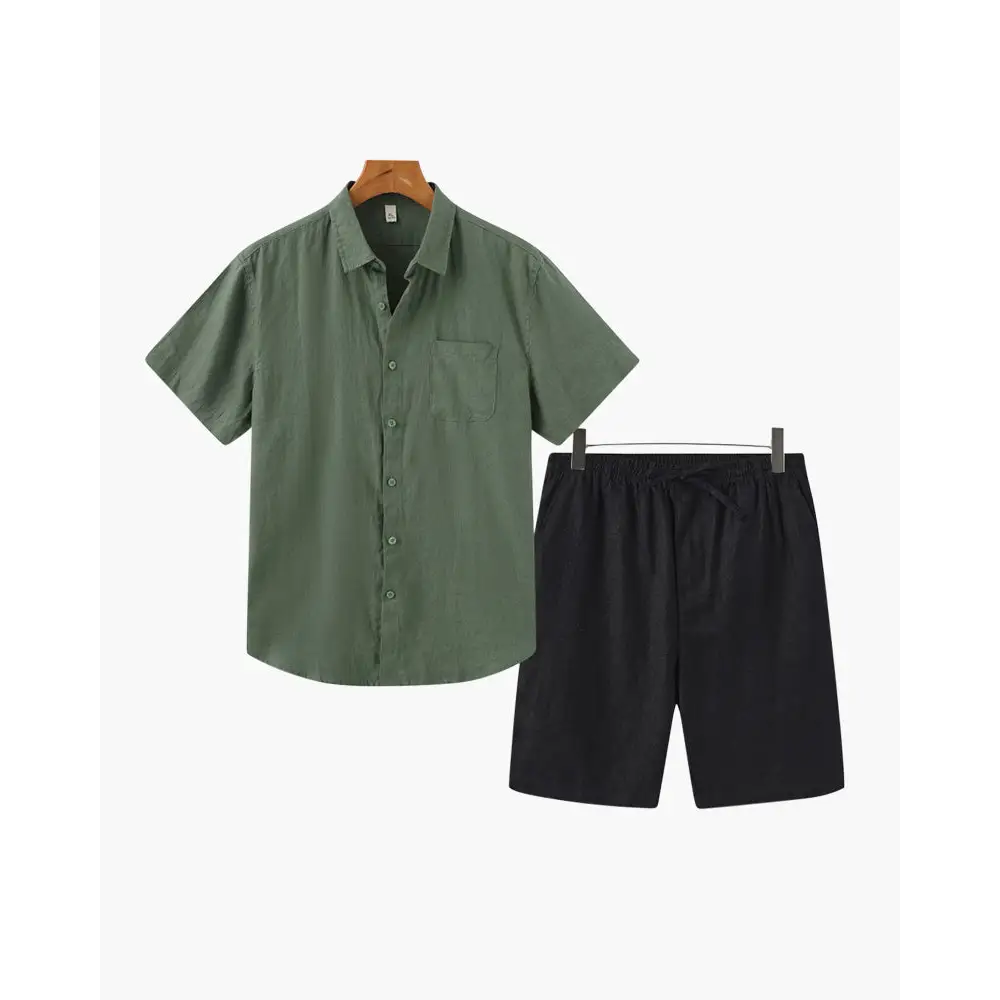 Linen Blend Summer Set (Shirt & Shorts) - Green / Black / S
